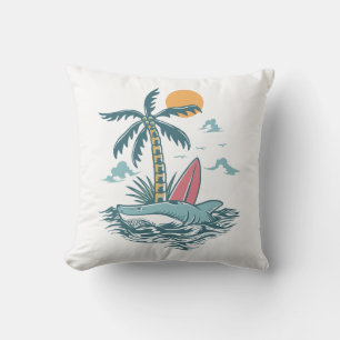 Wild Shark Surfing Island Throw Pillow