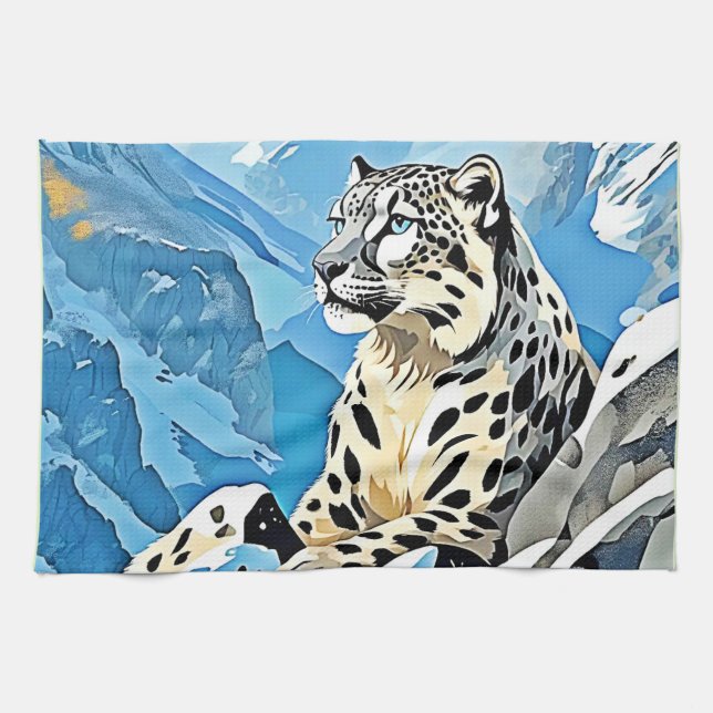 Wild Snow Leopard Design Kitchen Towel (Horizontal)