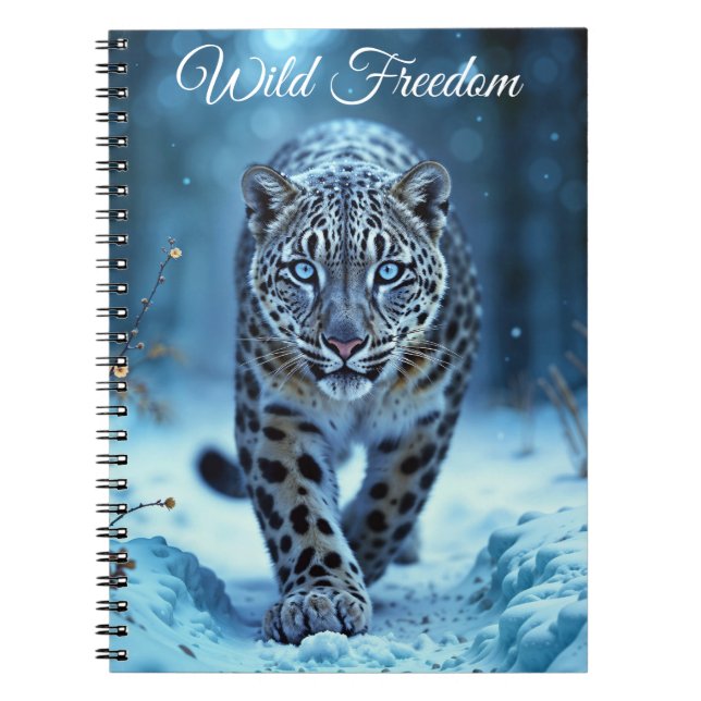 Wild snow leopard walking frost enchanted forest notebook (Front)