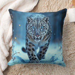 Wild snow leopard walking frost enchanted forest throw pillow