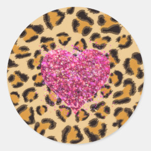 Wild sparkling pink Hearts and Leopard print Classic Round Sticker