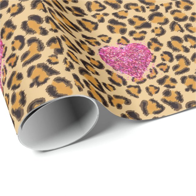 Wild sparkling pink Hearts and Leopard print Wrapping Paper (Roll Corner)