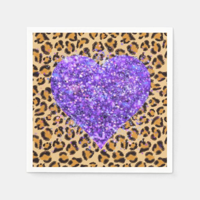 Wild sparkling purple Hearts and Leopard print Napkin (Front)