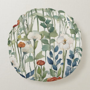 Wild Spring Flowers Watercolor Art  Round Pillow