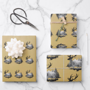Wild stag deer standing in the forest gold backing wrapping paper sheet
