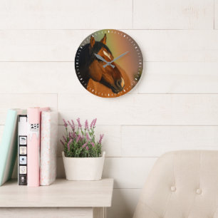 Wild Stallion, Golden Light and Rainbow Large Clock