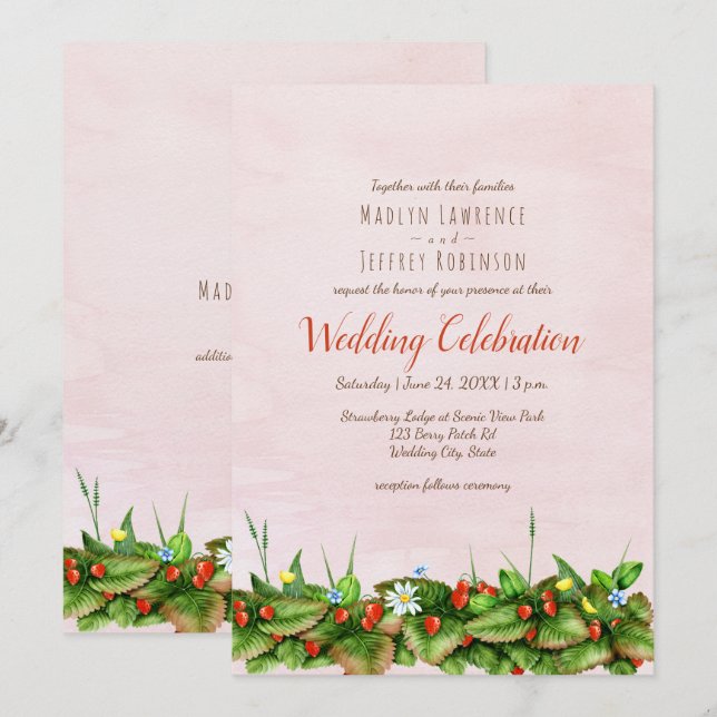 Wild strawberries meadow flowers blush wedding invitation (Front/Back)