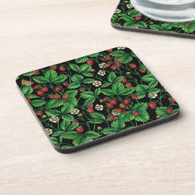 Wild strawberries on black coaster (Left Side)