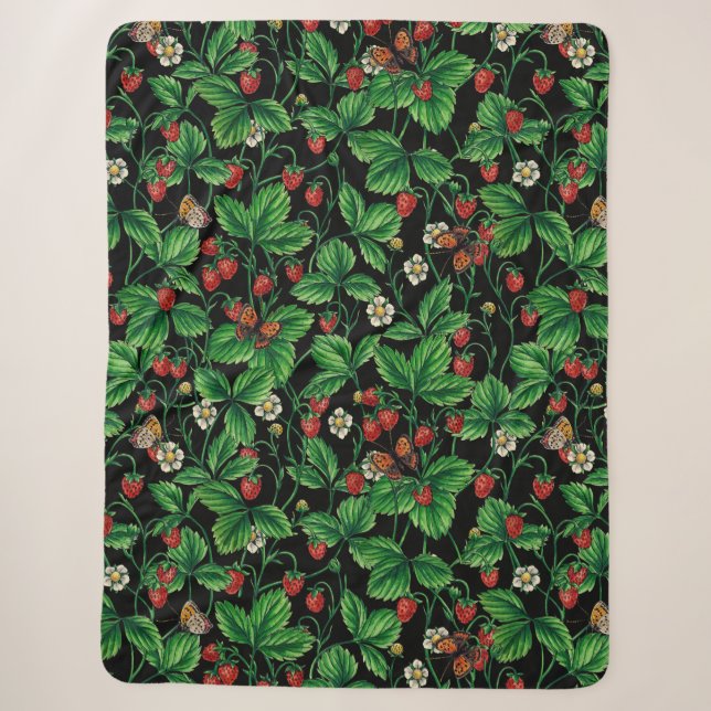 Wild strawberries on black sherpa blanket (Front)