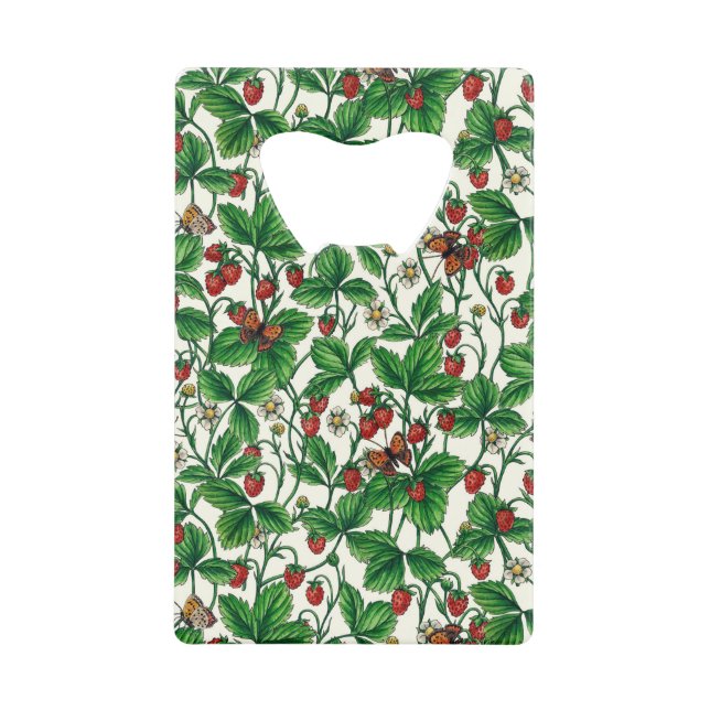 Wild strawberries on off white credit card bottle opener (Front)