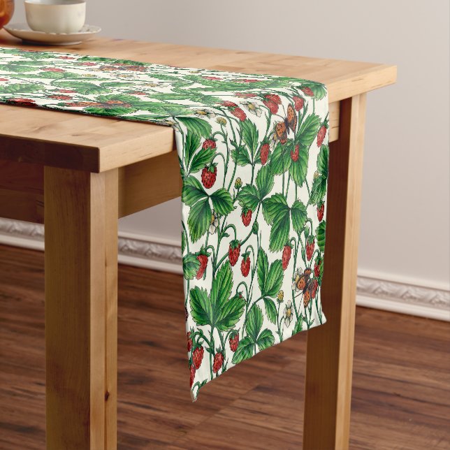 Wild strawberries on off white short table runner (In Situ)