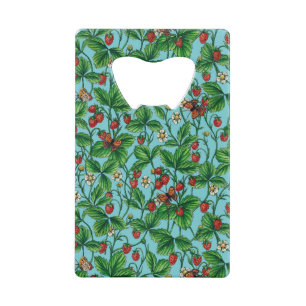 Wild strawberries on pool blue credit card bottle opener