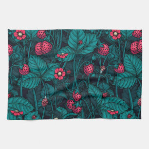 Wild strawberries, red and blue kitchen towel