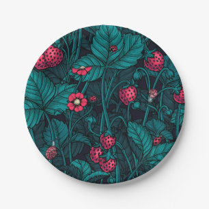Wild strawberries, red and blue paper plate