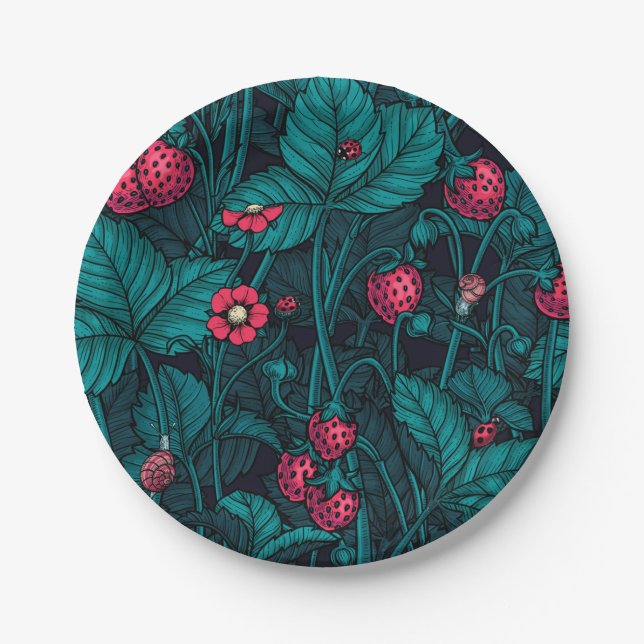 Wild strawberries, red and blue paper plate (Front)