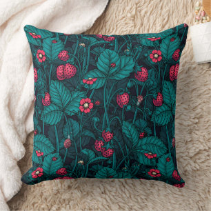 Wild strawberries, red and blue throw pillow