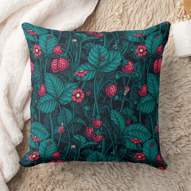 Wild strawberries, red and blue throw pillow (Blanket)