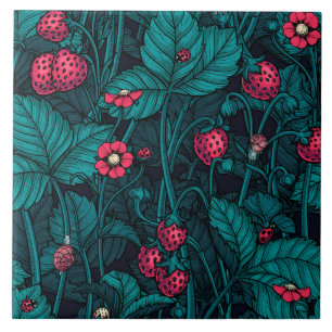 Wild strawberries, red and blue tile