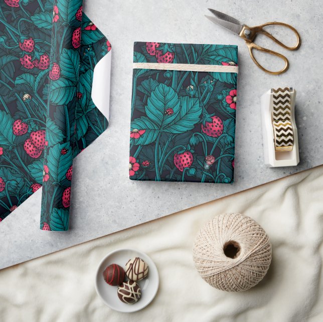 Wild strawberries, red and blue wrapping paper (Crafts)