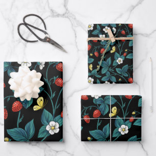Wild strawberries red/yellow/blue/black wrapping paper sheet