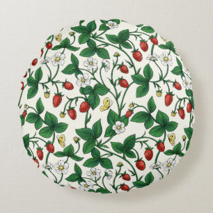Wild strawberries red/yellow/green/off white round pillow