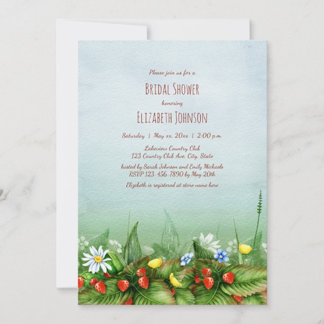 Wild strawberries wildflowers meadow bridal shower invitation (Front)