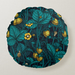Wild strawberries, yellow and blue round pillow