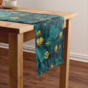 Wild strawberries, yellow and blue short table runner