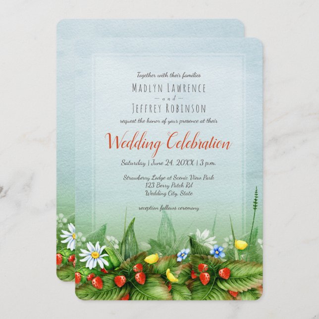 Wild strawberry meadow blue sky nature wedding invitation (Front/Back)