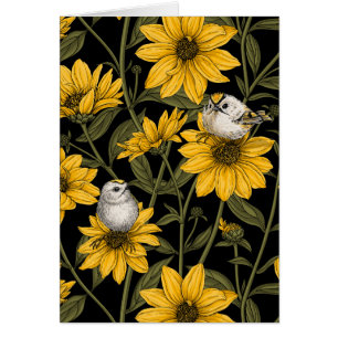 Wild sunflowers and goldcrest birds/ yellow 