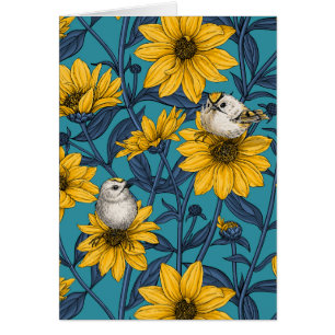 Wild sunflowers and goldcrest birds/ yellow 
