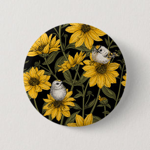 Wild sunflowers and goldcrest birds/ yellow 2 inch round button