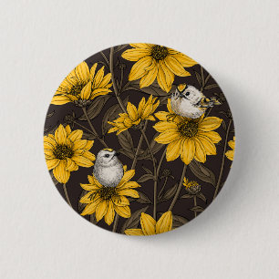 Wild sunflowers and goldcrest birds/ yellow 2 inch round button