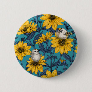 Wild sunflowers and goldcrest birds/ yellow 2 inch round button