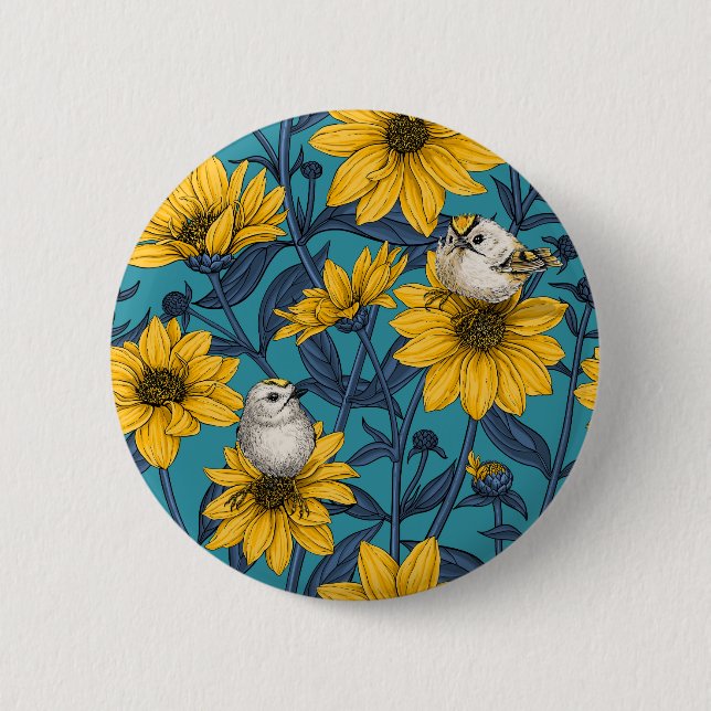 Wild sunflowers and goldcrest birds/ yellow 2 inch round button (Front)