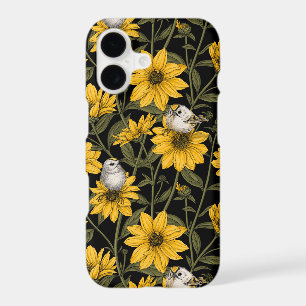 Wild sunflowers and goldcrest birds/ yellow and gr