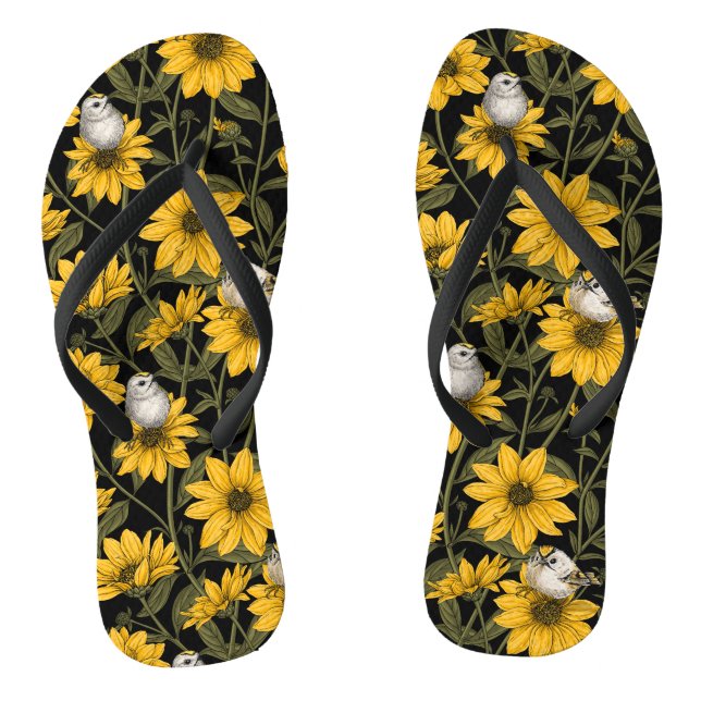 Wild sunflowers and goldcrest birds/ yellow and gr flip flops (Footbed)