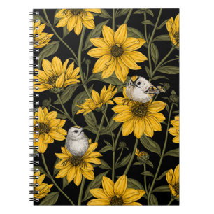 Wild sunflowers and goldcrest birds/ yellow and gr notebook