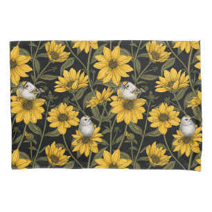 Wild sunflowers and goldcrest birds/ yellow and gr pillowcase