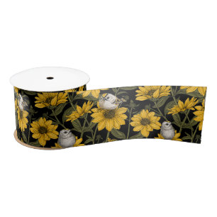 Wild sunflowers and goldcrest birds/ yellow and gr satin ribbon