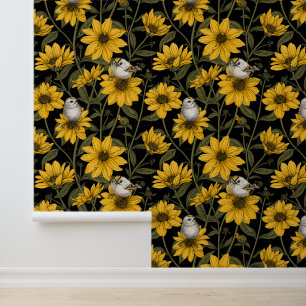 Wild sunflowers and goldcrest birds/ yellow and gr wallpaper