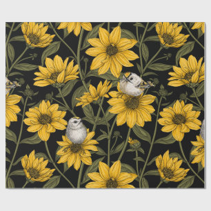Wild sunflowers and goldcrest birds/ yellow and gr wrapping paper