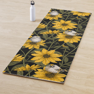 Wild sunflowers and goldcrest birds/ yellow and gr yoga mat