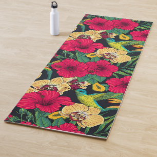 Wild sunflowers and goldcrest birds/ yellow and gr yoga mat