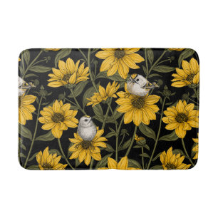 Wild sunflowers and goldcrest birds/ yellow bath mat
