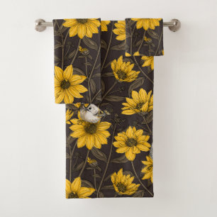 Wild sunflowers and goldcrest birds/ yellow bath towel set