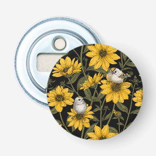 Wild sunflowers and goldcrest birds/ yellow bottle opener