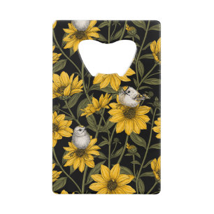 Wild sunflowers and goldcrest birds/ yellow credit card bottle opener