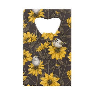 Wild sunflowers and goldcrest birds/ yellow credit card bottle opener