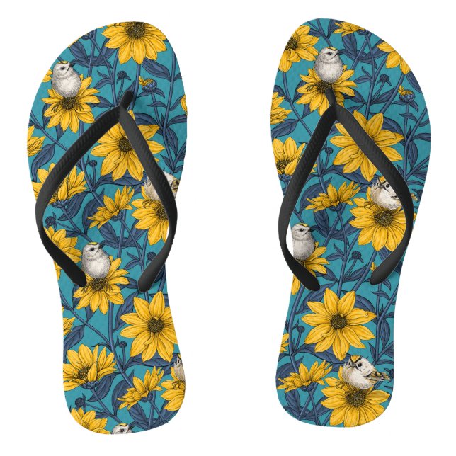 Wild sunflowers and goldcrest birds/yellow flip flops (Footbed)